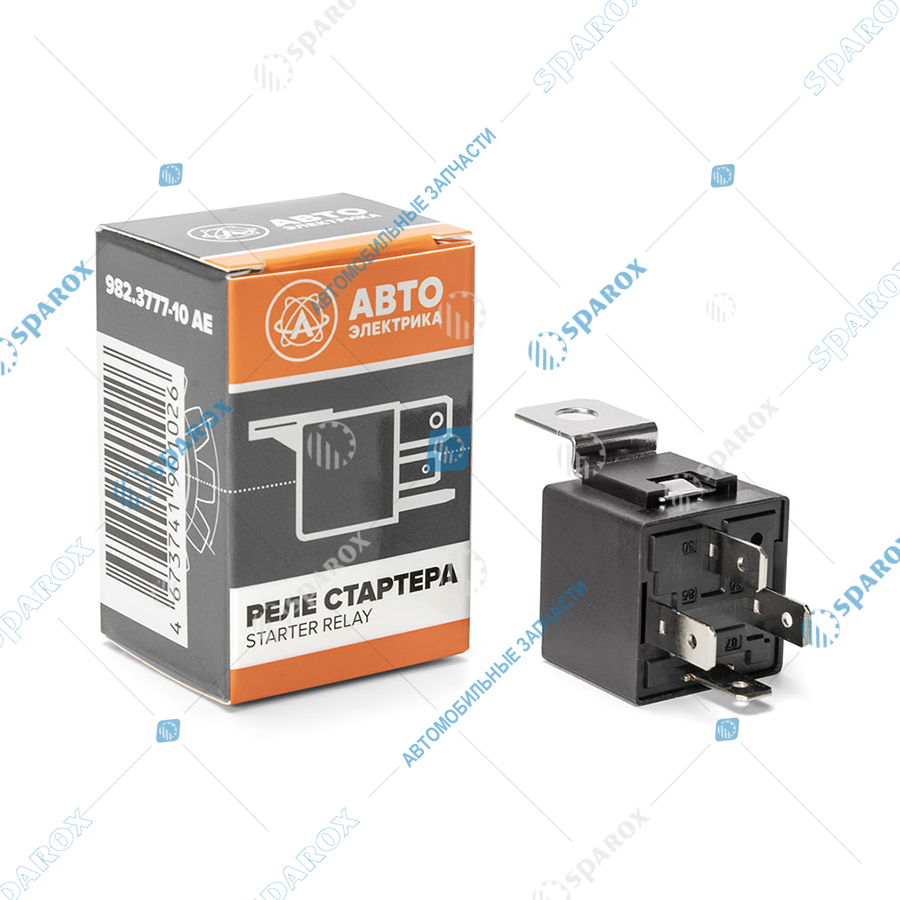 982-3777-10 AE Реле стартера (4-х контактное), ГАЗ, ВАЗ, CHEVROLET, 12 В, 30 А, замыкающее, с кронштейном (карман под кронштейн) и помехоподавляющим резистором (ан. 902.3747-10, 752.3777-10)